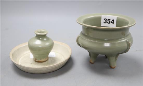 A Chinese celadon tripod censer and jarlet and a qingbai dish, censer 9cm high